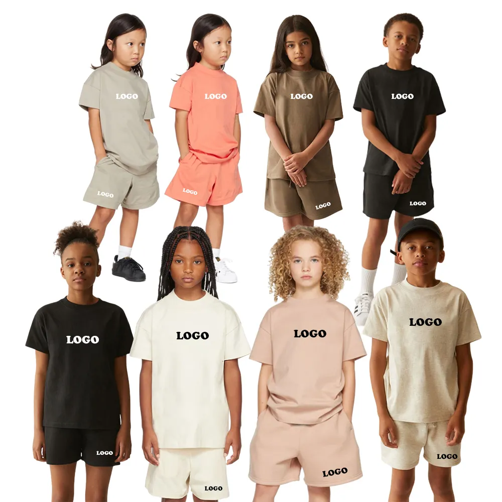 T-shirt et short en coton pour enfant, couleur unie, personnalisé, Odm, de luxe, été, pour garçons et filles, ensemble de 2 pièces