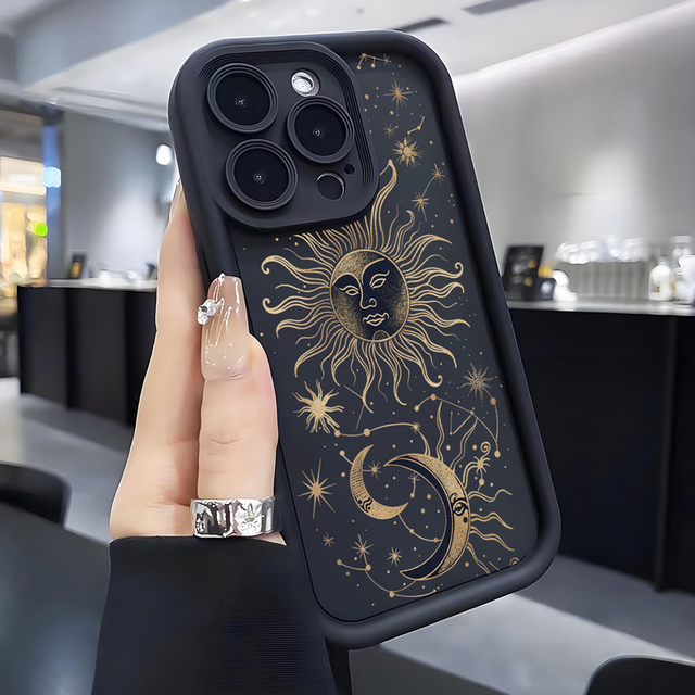Art Gold Line Sun Moon Print Ladder Lens Style Shockproof TPU Mobile Phone Cover Case for Iphone 11 12 13 14 15 16 17 18 Pro Max