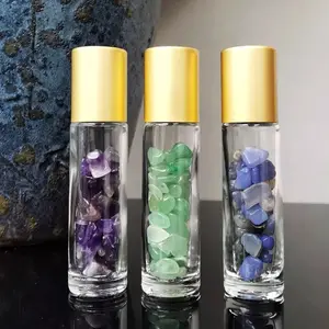 Spot supply 10ml Jade Ball Crystal Crushed Stone Semi precious Stone bearing Essential Oil Bottle With Bamboo Lid