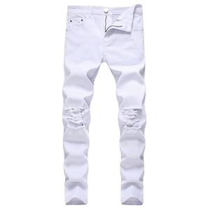 Jean en denim pour homme, coupe droite, taille mi-haute, délavé clair, respirant, tissé, élastique, style streetwear, tendance urbaine - Product Image 6