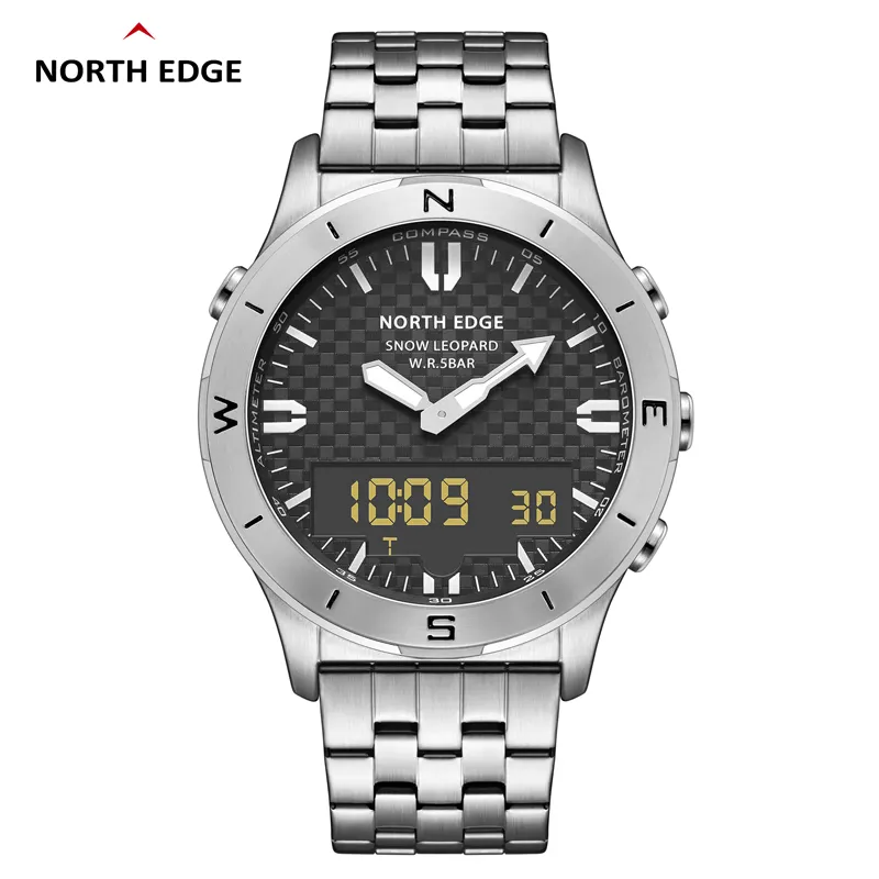 NORTH EDGE Snow Leopard Reloj deportivo Altímetro Barómetro Termómetro Impermeable 50m Reloj de acero de moda para exteriores