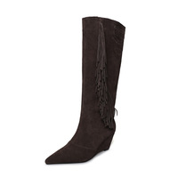 Stivali da Donna Alti fino al Ginocchio in Vera Pelle con Punta Affusolata e Zeppa, Modello Slip-On per l'Inverno