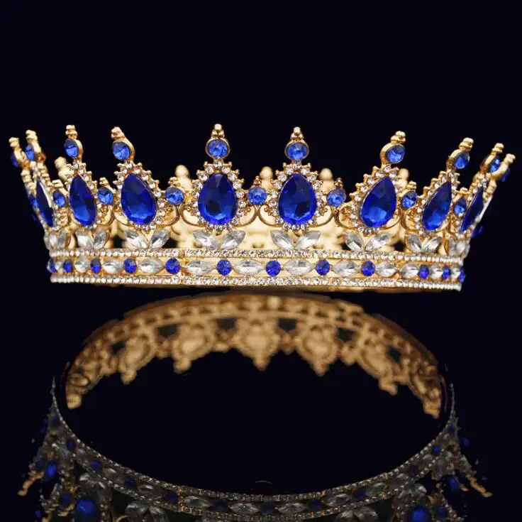 Bando Kontes Putri King dan Ratu, Perhiasan Rambut Pernikahan Pengantin Perempuan Kristal Biru Mahkota Tiara Bulat Penuh
