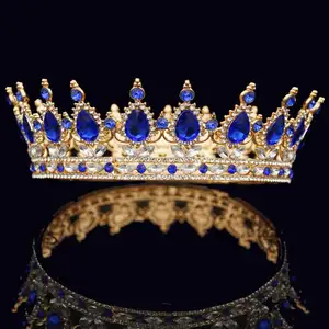 Yeni kral ve kraliçe prenses Pageant Headpieces gelin gelin düğün saç takı mavi kristal tam yuvarlak tiara taç