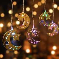Guirnalda de Luces LED con Forma de Luna y Estrella, Faroles Colgantes de Hierro, Funciona con Batería, Decoración Dorada para Ramadán, Ventana del Hogar, Dormitorio