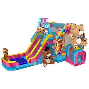 สไลเดอร์น้ำรูปหมีเท็ดดี้แบบสองเลน พร้อมบ้านลมเป่าลมสำหรับเด็กเล่นทั้งแบบเปียกและแบบแห้ง  พร้อมสไลเดอร์และที่กระโดด - Product Image 1