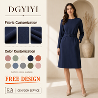 Robe Tunique Ceinturée à Col Rond et Manches Longues 260 GSM pour Femme, Longueur Genou, Idéale Bureau et Affaires, Opaque, Logo Personnalisé, OEM, Vente en Gros