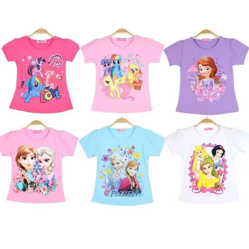 Kaus Anak Perempuan Lengan Pendek, Baru Musim Panas 2023 Elsa Anna Bayi Anak-anak Atasan Katun Pakaian Anime Mode Sofia Pony