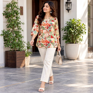 Ensemble décontracté pour femmes, kurta en coton imprimé avec pantalon beige, coupe ample, style Inde Pakistan, vêtements d'été - Product Image 1