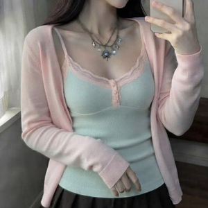 Women's Ribbed Knit Lace Trim Buttons Camisole <b>Top</b> Sleeveless Slim Fit Spaghetti Strap <b>Henley</b> Tank Casual Summer Fashion Vest - Product Image 4