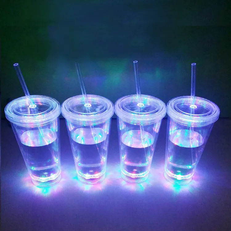 16oz 450ml Wholesale LED Reusable Plastic Cup Double Wall Cup With Lid And Straw