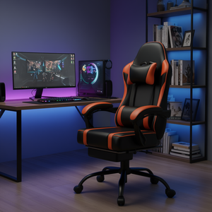 Chaise de jeu pivotante en cuir PU noir et orange avec coussin lombaire inclinable pour adultes, chaise de bureau pour joueurs d'ordinateur - Product Image 2