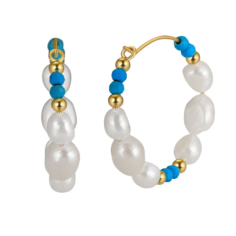 RINNTIN MPE02 Bonbonfarbe Bohème-Stil Zwei-Töne-Süßwasserperlen mit Türkis Perlen 925 Silber-Ohrringe Schmuck