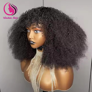Perruque afro bouclée haute densité avec frange, sans lacet, couleur naturelle, en cheveux humains vierges, vente en gros, perruques courtes bob pas chères - Product Image 3