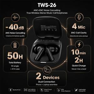 Écouteurs TWS REMAX TWS-26 <span class=keywords><strong>ANC</strong></span> ENC à réduction de bruit, Bluetooth 6.0, stéréo HiFi 40 dB, autonomie de 50 h, prise en charge de l'application, écouteurs à double appareil - Product Image 3