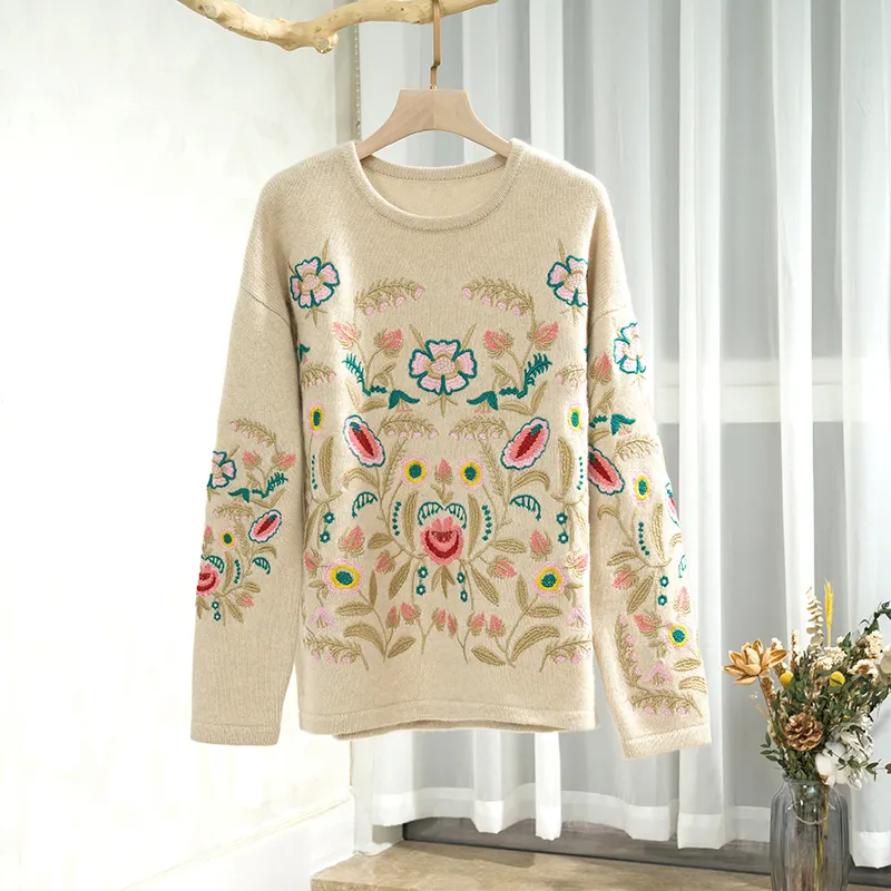 Custom embroidered sweaters casual pullover women sweater embroidered pattern women cashmere sweater