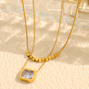 Collar de oro de doble capa con colgante de cristal cuadrado, diseño geométrico para mujer, joyería de fiesta, cadena de aleación de zinc XL359WEG - Product Image 1