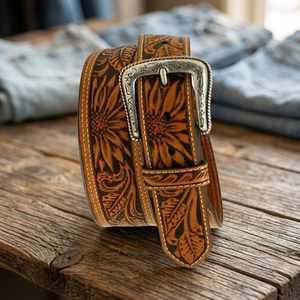 Ceinture en cuir sculptée à la main en noir et marron Western Cowgirl Ceinture d'outillage en cuir occidental en relief floral sur mesure - Product Image 1