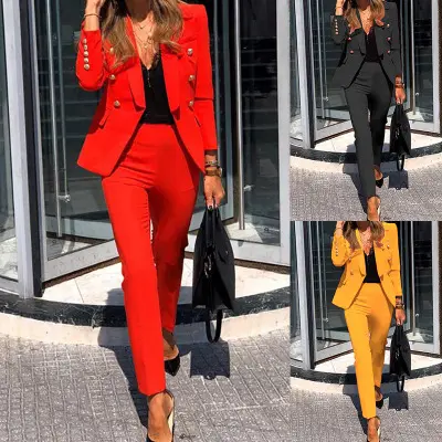2021 Winter Women Set Notched Full Sleeve Blazers Pencil Pants Suit Office Lady Two Piece Set Tracksuits Casual Outfits