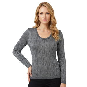 Pull en maille torsadée à col en V pour femme, manches longues, couleur unie, coupe classique, idéal pour l'automne et le quotidien - Product Image 1
