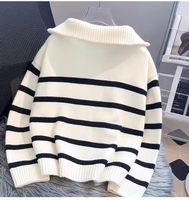 Pull en maille rayé à col rond pour femme, respirant, anti-plis, épaules tombantes, ourlet côtelé, coupe classique, décontracté, style preppy, automne