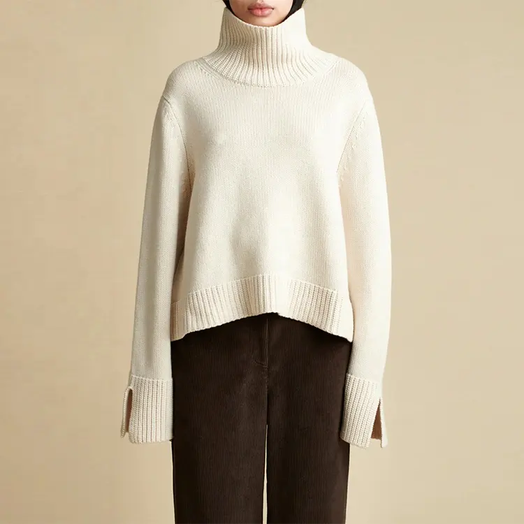 Knitwear manufacturers custom beige turtleneck loose casual knitted solid color oversized pullover women's sweater