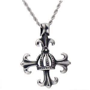 European American Retro Cross <b>Crown</b> Pendant Necklace Steel Colored 55cm Unisex Fashion Jewelry - Product Image 1