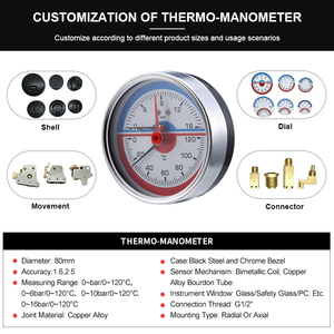Manomètre <span class=keywords><strong>de</strong></span> température et <span class=keywords><strong>de</strong></span> <span class=keywords><strong>pression</strong></span> <span class=keywords><strong>avec</strong></span> bobine bimétallique et tube Bourdon 80 mm, montage axial, OEM/ODM, protection anti-brûlure, indice <span class=keywords><strong>de</strong></span> protection IP65 - Product Image 6
