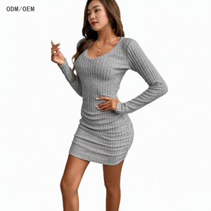 Vêtements pour femmes européennes transfrontalières : <span class=keywords><strong>Robe</strong></span> pour femmes en velours texturé côtelé à col en V et manches longues pour l'<span class=keywords><strong>automne</strong></span>/hiver. ODM OEM - Product Image 1