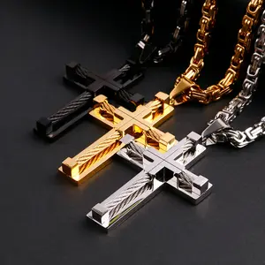Ciondolo croce in filo a doppio strato ciondolo gotico collana croce cristiana in acciaio inossidabile catena bizantina per uomo