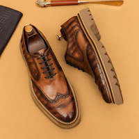Chaussures brogues à lacets en cuir pleine fleur pour hommes, style britannique, dessus en cuir véritable gaufré et sculpté