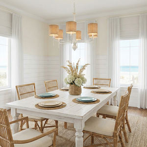 Lustre vintage style campagne française, métal blanc, abat-jour en lin naturel, LED 6 lumières, style rustique, corde, Donnybrook - Product Image 2