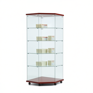 Vitrine d'angle moderne avec verre trempé 68x68x181cm, base en bois de cerisier sur roulettes, meuble de salon - Product Image 2