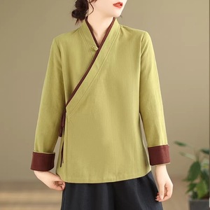 Chinese Style Diagonal Placket Cotton Linen Shirt Women Loose Zen Tea Dress Natural Hemp Green Coffee Color Daily Wear - Product Image 5