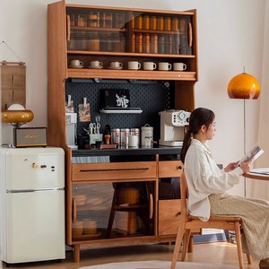 Aparador de madera maciza de estilo japonés con cajones de almacenamiento y estantes para sala de estar, cocina o barra de té. - Product Image 1