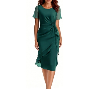 Vestido Midi de Gasa con Volantes para Mujer, Manga Corta, Vestido Formal para Invitadas de Boda y Eventos Nocturnos, Vestidos de Moda - Product Image 3