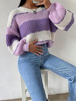 Pull à col rond contrasté pour femme, rayé, côtelé, décontracté, polyvalent, respirant, 100% polyester, tricoté à la machine