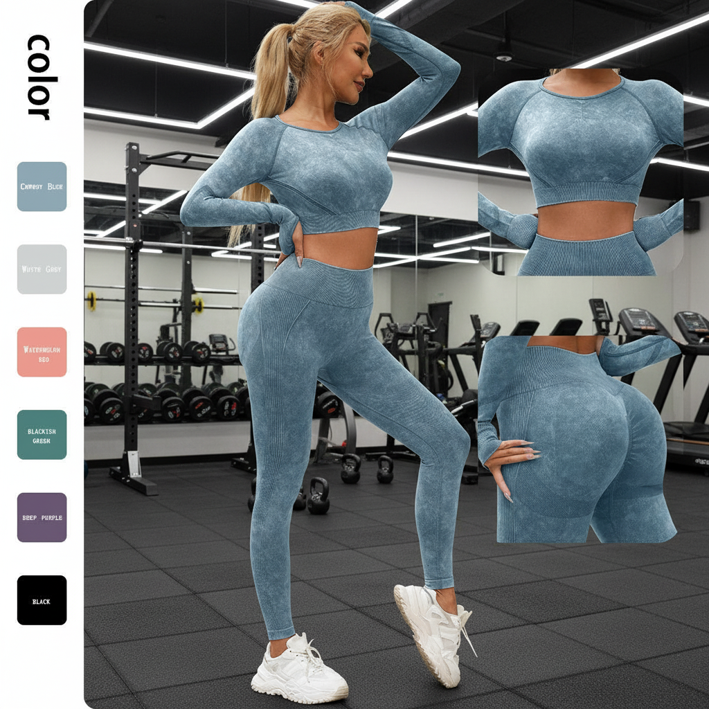 Breathable Yoga Wear Set Seamless Knitting Four Way Stretch Spandex Nylon Full Length Yoga Top Legging