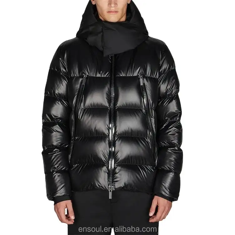 Jaket Puffer bertudung untuk pria, topi Puffer musim dingin bahan tahan air dapat dilepas warna hitam kustom kualitas tinggi dari pabrik OEM