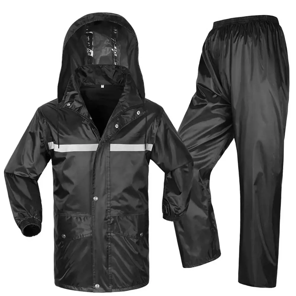 High quality waterproof black plastic men women reflectorizwd custom adult reflective rain coat set with hood