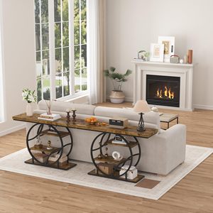 Mesa Consola Rústica de Madera SENYU con Marco Metálico Circular y Estantes de Almacenamiento para Entrada, Muebles para el Hogar - Product Image 5