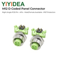 Connecteur YIYIDEA M12 à code D, 4 broches, montage sur circuit imprimé, circulaire, à angle droit, montage sur panneau, étanche IP67/IP68, contacts plaqués or