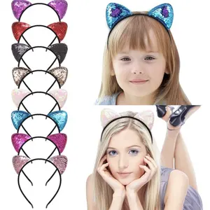Nuevo doble lados Reversible brillo lentejuelas diadema orejas gato negro 5MM de terciopelo diadema de Metal mujeres niños pelo accesorios
