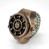 Reloj de Anillo de Lujo con Tapa Abatible, Reloj de Dedo Redondo de Aleación, Reloj de Cuarzo con Diseño de Timón de Crucero, Anillo de Acero Inoxidable con Banda Elástica, Regalo Unisex