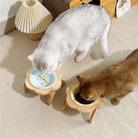 Gamelle en céramique peu profonde pour animaux de compagnie, design soucoupe volante, avec base en bois, pour la protection cervicale des chats et des chiens, pour une alimentation confortable