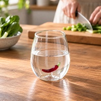 Verre à boire en verre borosilicate haute résistance avec motif piment 3D à l'intérieur, fait main, transparent, pour eau, jus, boissons glacées, cadeau pour fête ou événement.