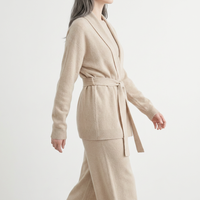 Langer Vintage-Cardigan für Damen mit geripptem Design, Schal-Kragen und Gürtel, atmungsaktiv, dick, aus Kaschmir, Wickel-Cardigan mit langen Ärmeln für Herbst und Winter