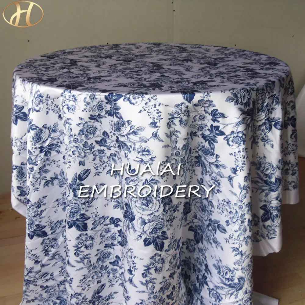 Ropa de mesa con estampado floral francés moderno, árabe, 60 pulgadas, hojas de poliéster polvoriento, azul marino, azul marino y blanco, manteles redondos