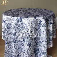 Arabisch 60Inch Custom Moderne Franse Bloemen Gedrukt Bladeren Polyester Dusty Navy Blauw En Wit Ronde Tafellinnen Doeken