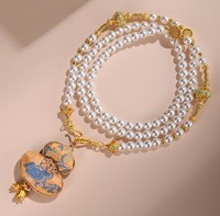 Nouveau collier chaîne pour pull de style vintage chinois avec pendentif gourde porte-bonheur, perles, brocart Song et perles de coquillage